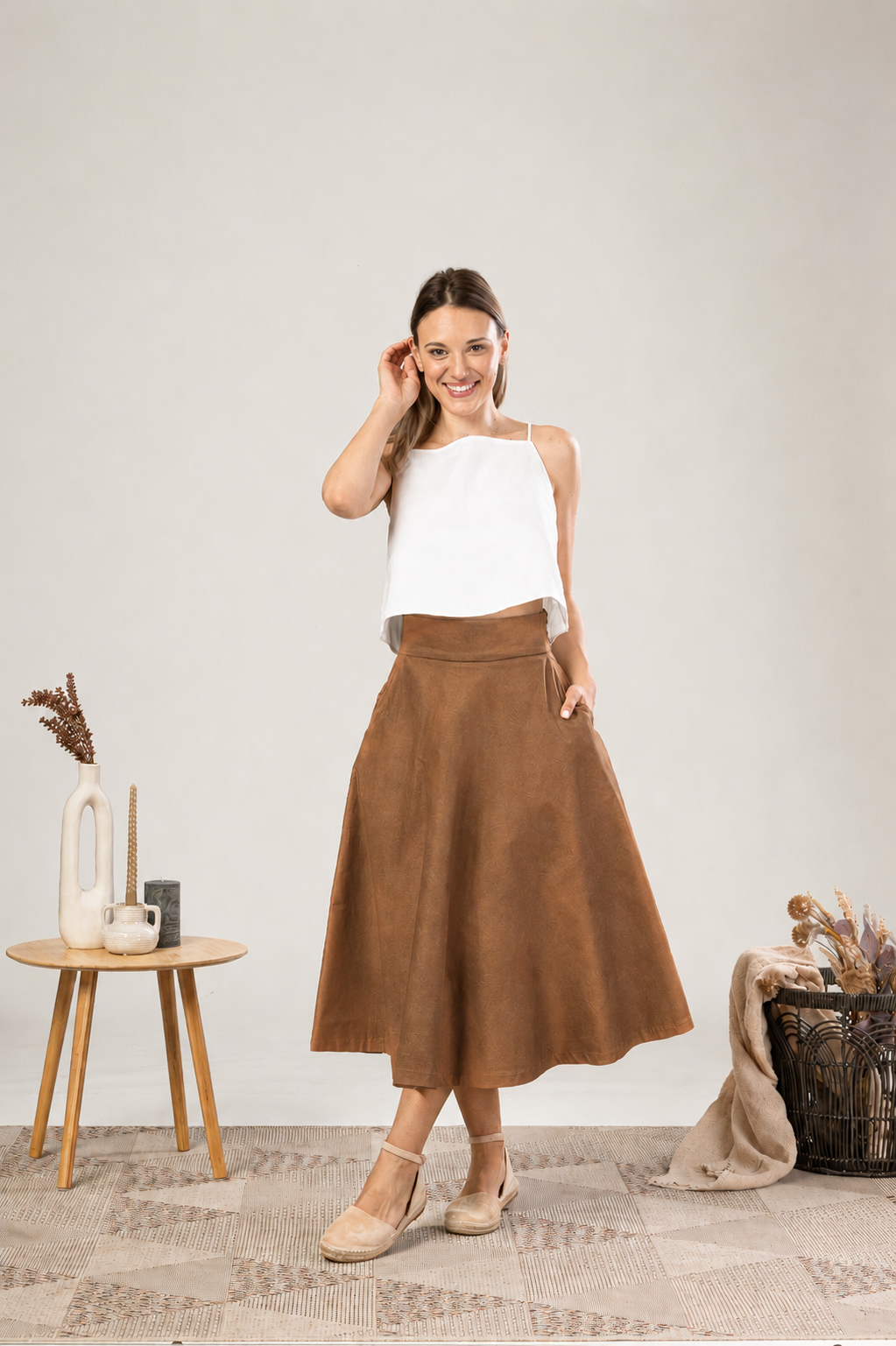 High Waisted Cotton Skirt in Light Brown