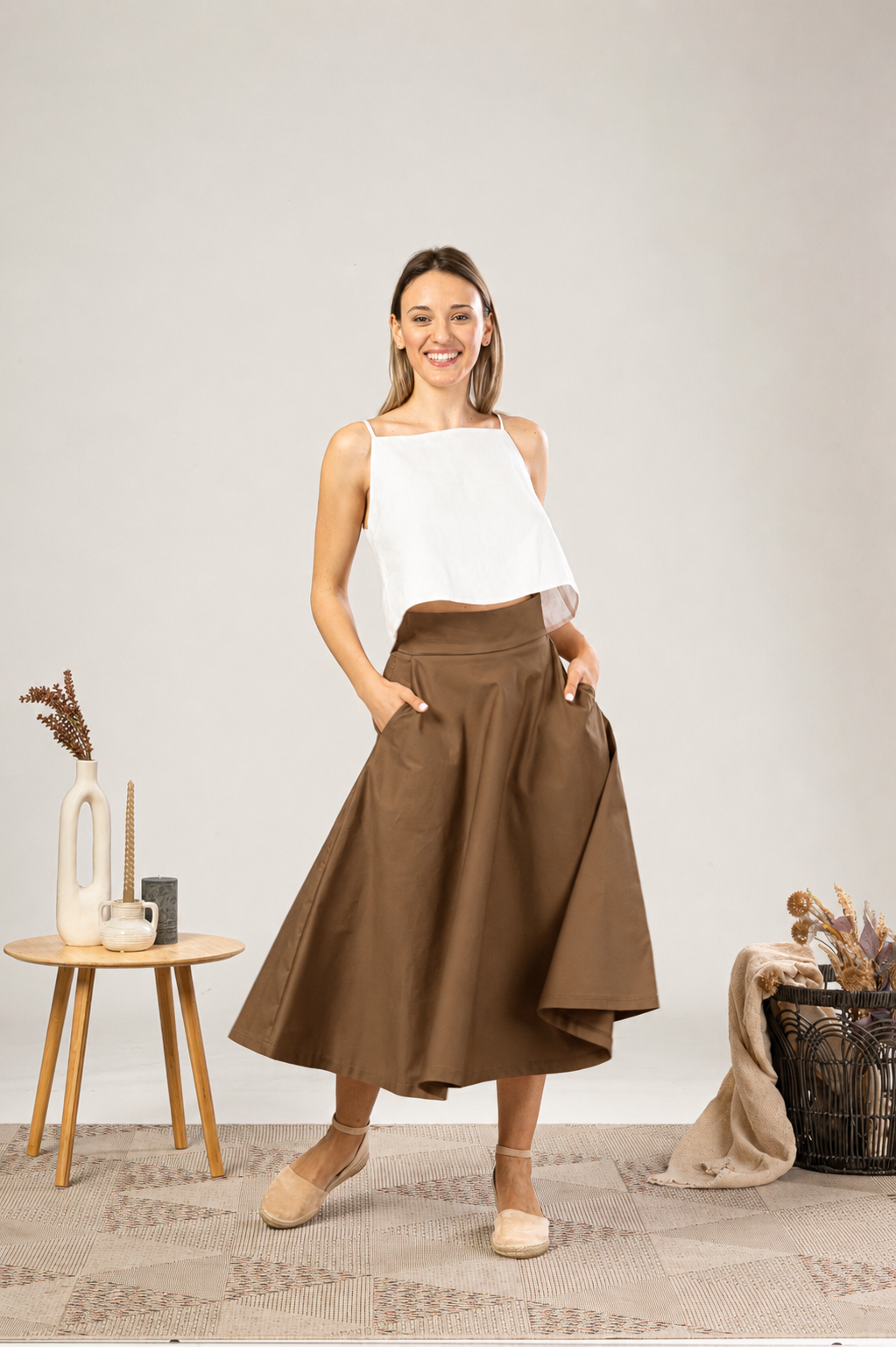High Waisted Cotton Skirt in Light Brown