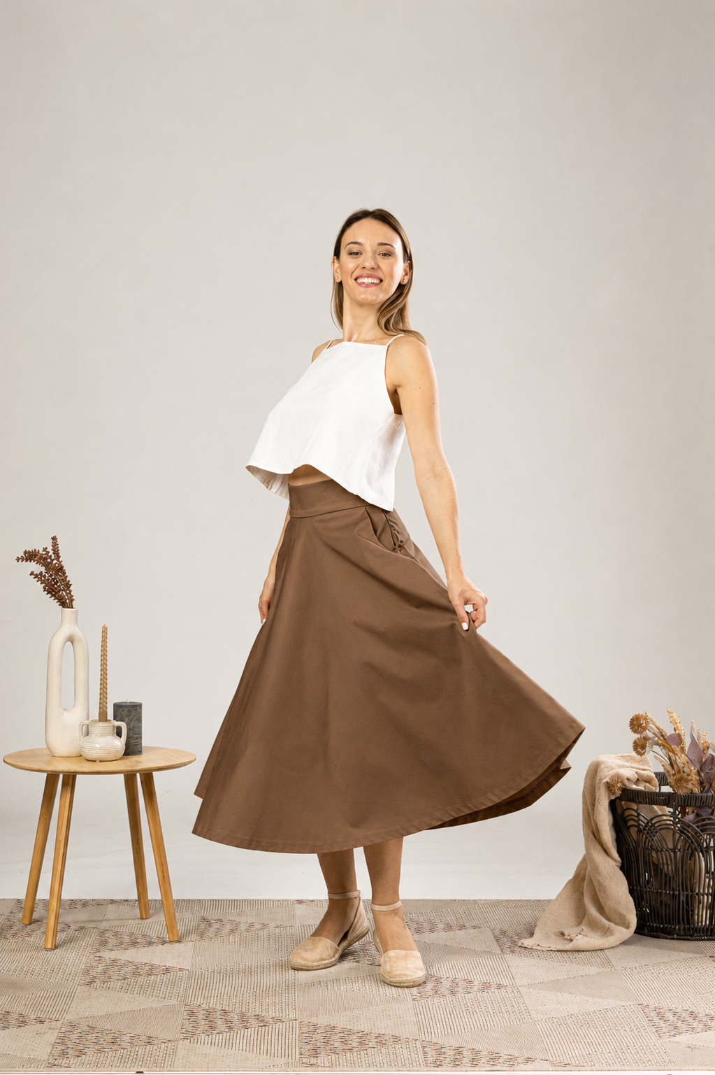 High Waisted Cotton Skirt in Light Brown