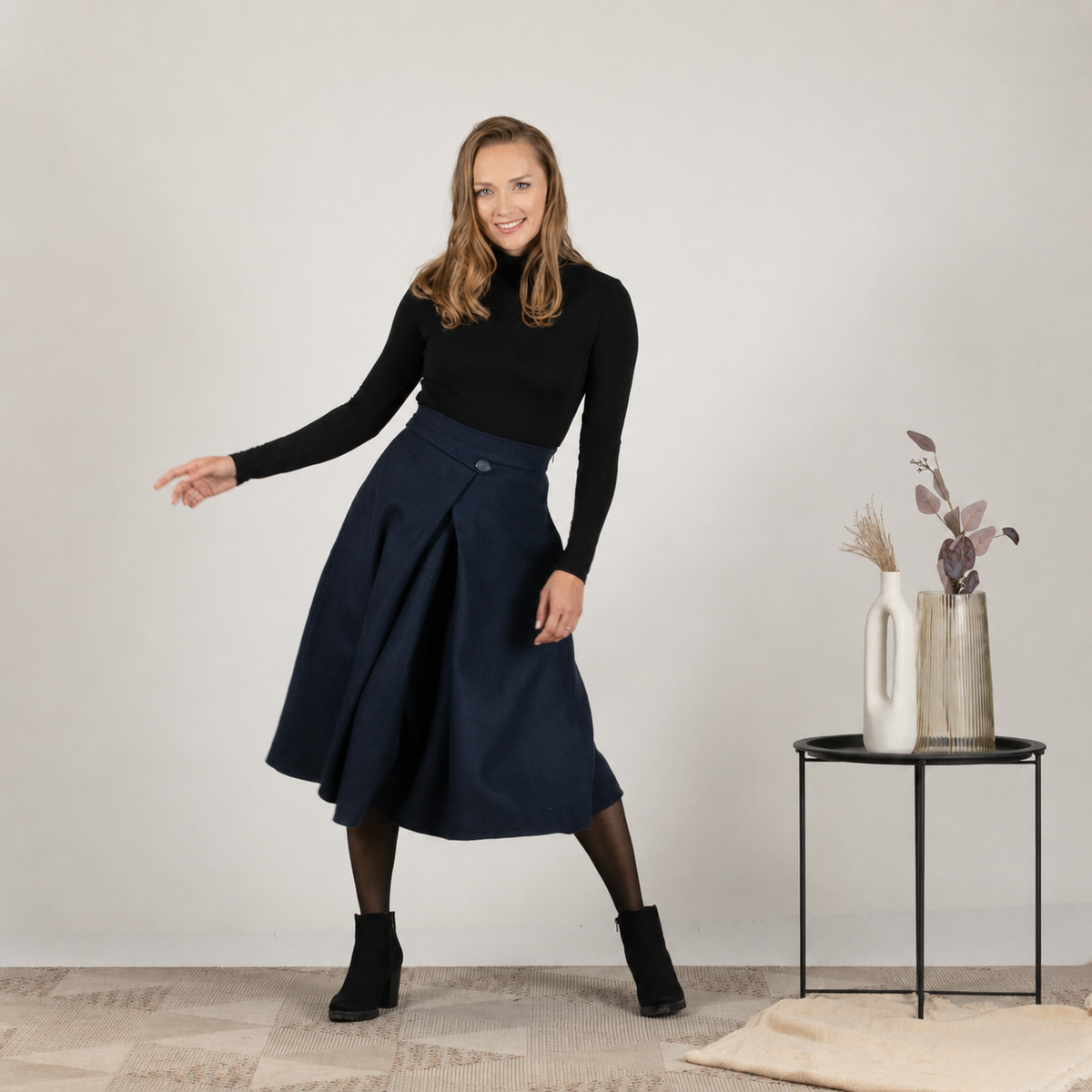 Elegant front view of Wool Front Statement Skirt with bold button feature