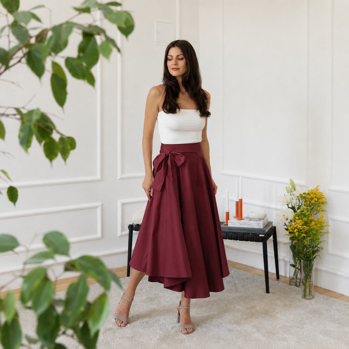 High waist burgundy cotton skirt
