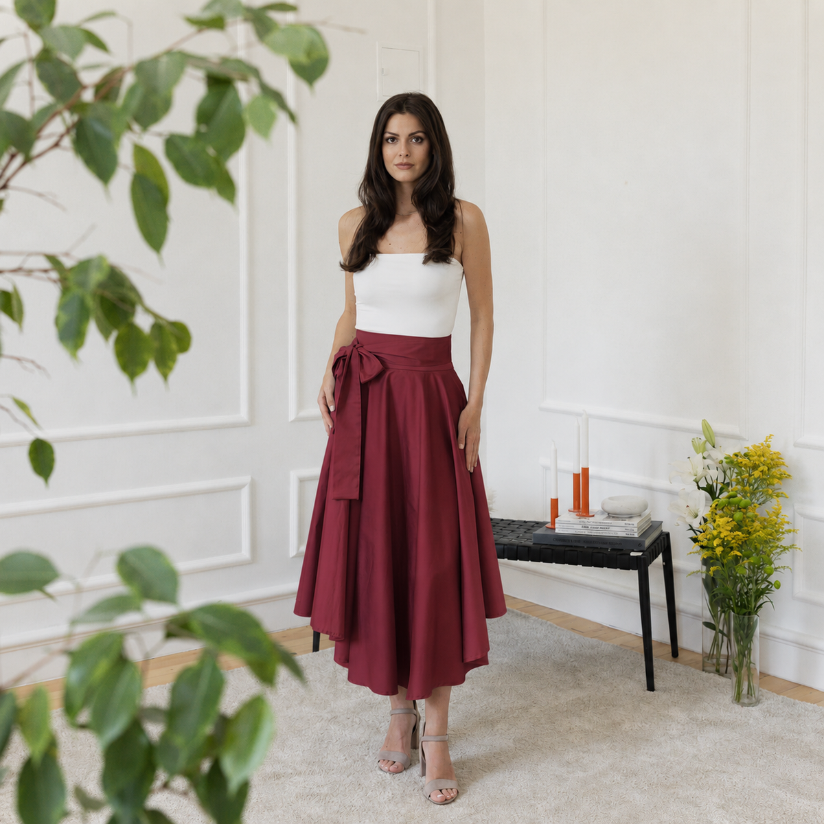 Midi cotton skirt with bow detail