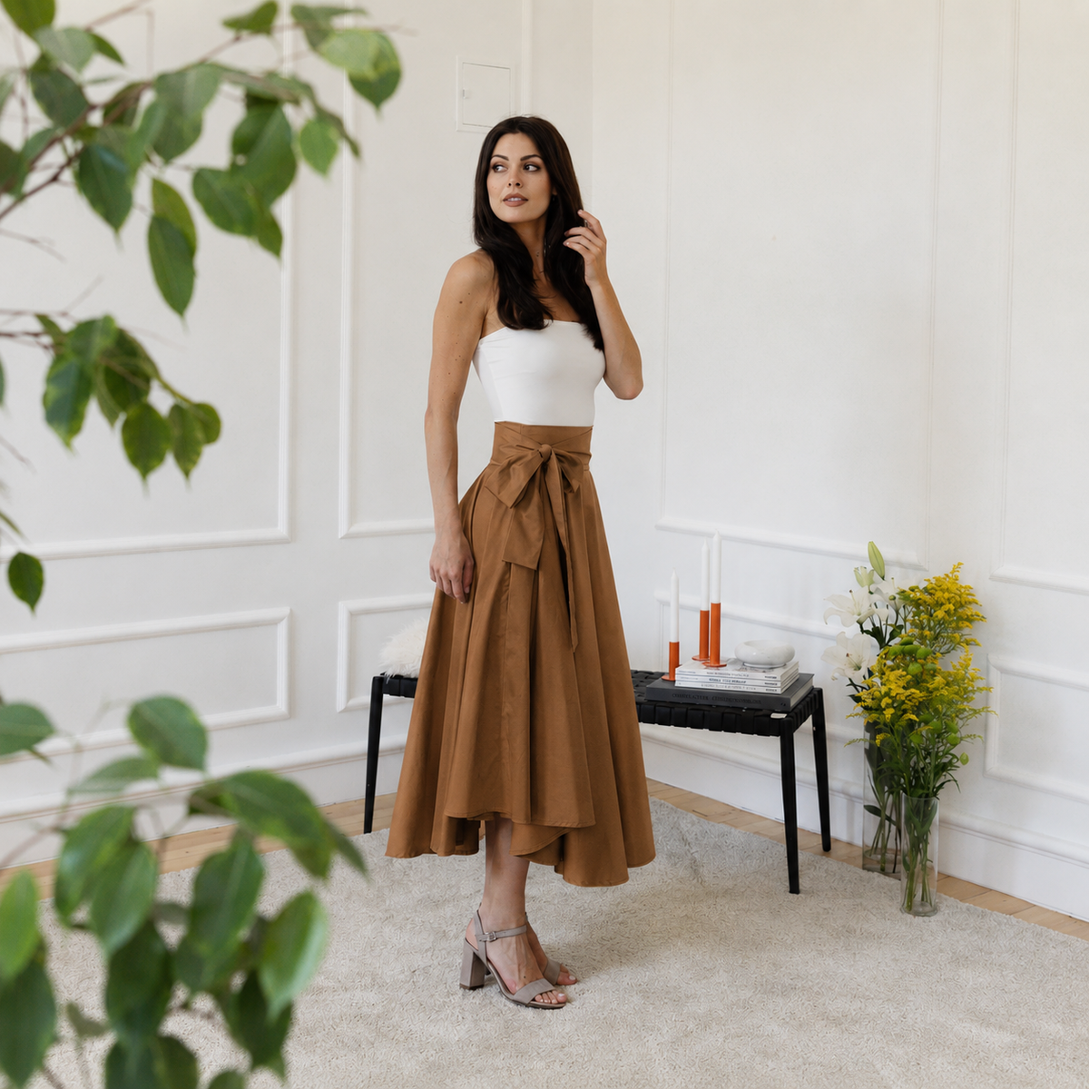 Midi cotton brown skirt with bow