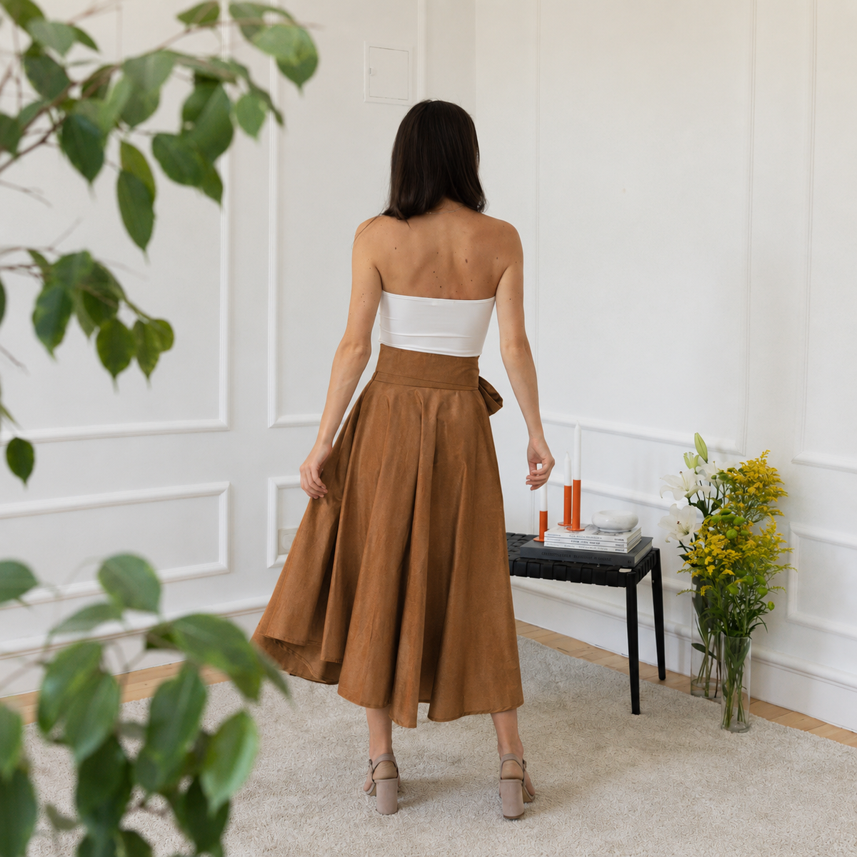 Midi cotton skirt in brown color