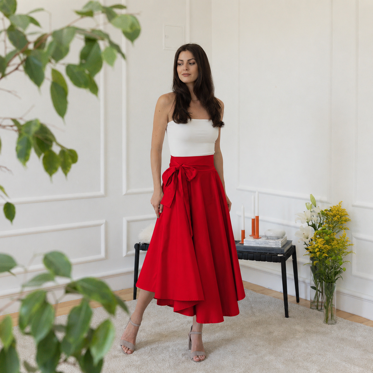 Midi cotton red skirt