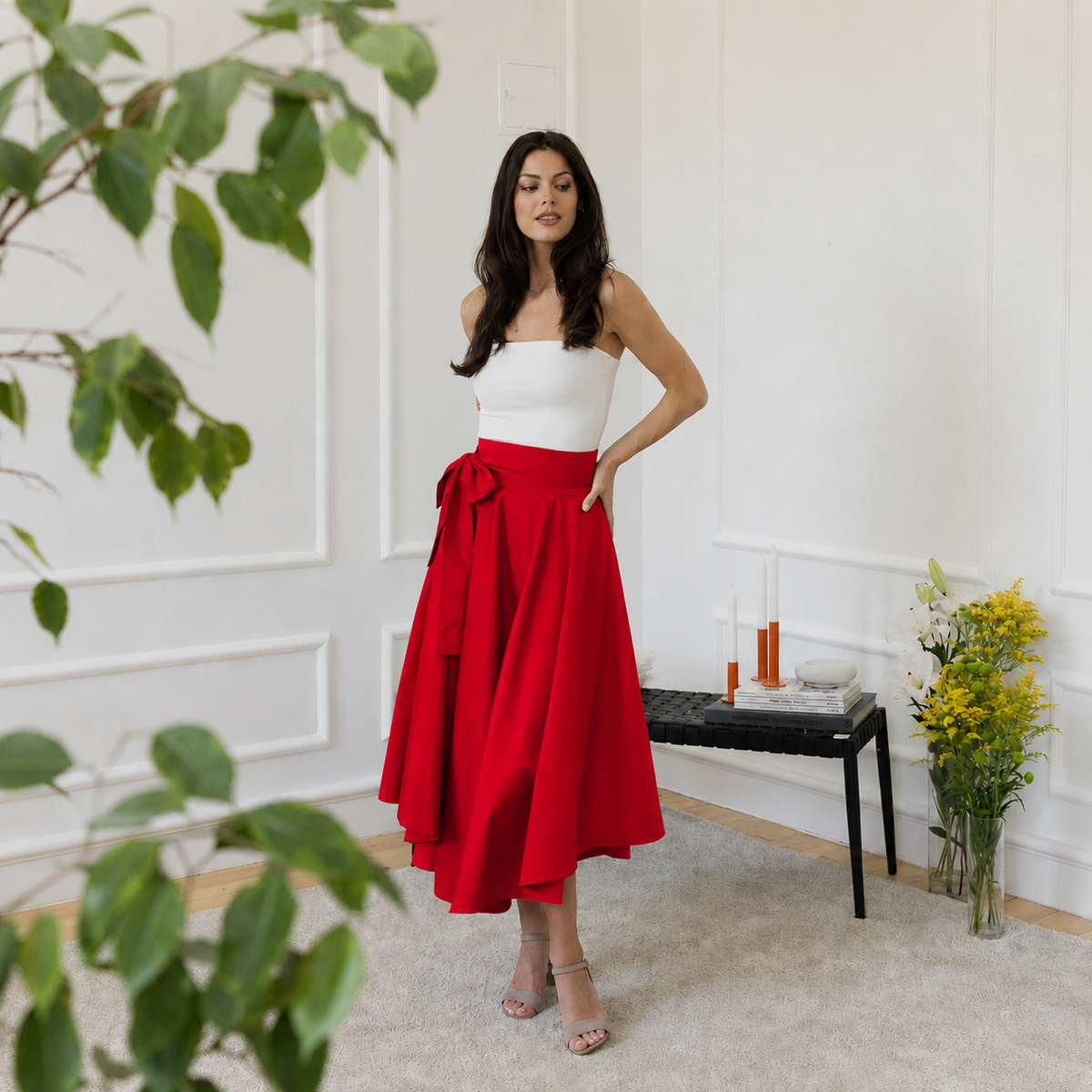 Midi cotton red skirt