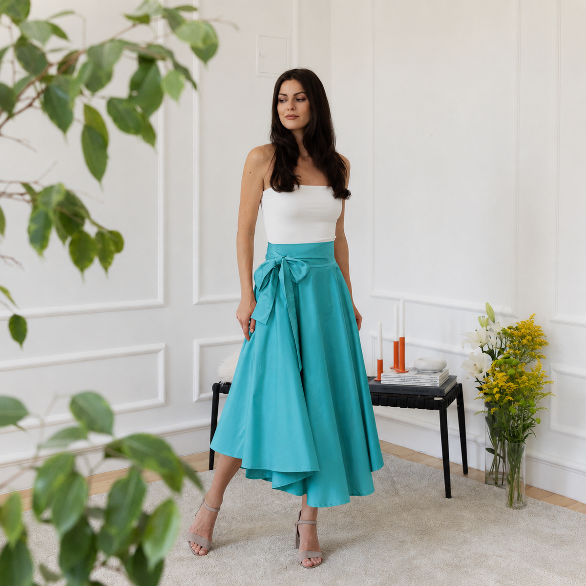 Turquoise cotton high waist skirt