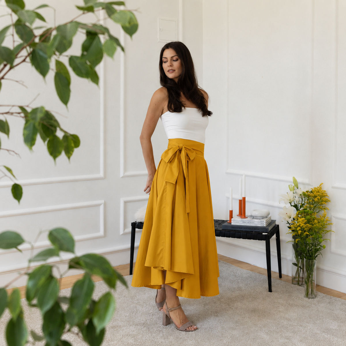 Midi high waist skirt with bow