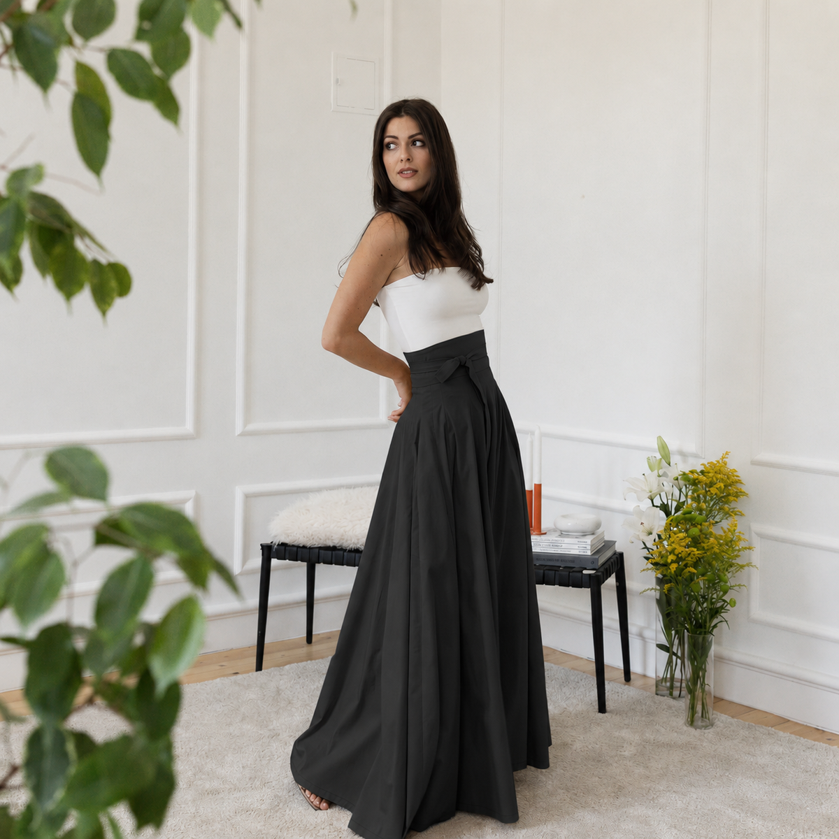 High-waist cotton black skirt