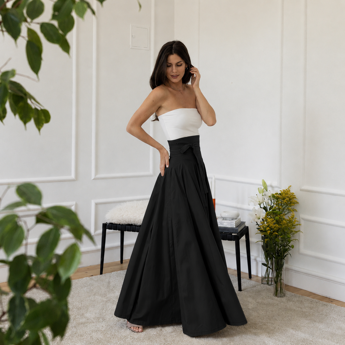 Maxi cotton skirt in black color