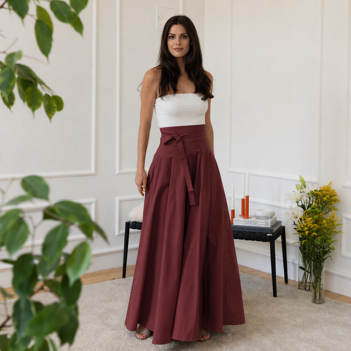 High waist burgundy cotton skirt