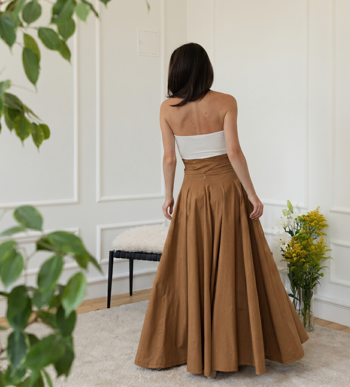 High waist cotton skirt in light brown