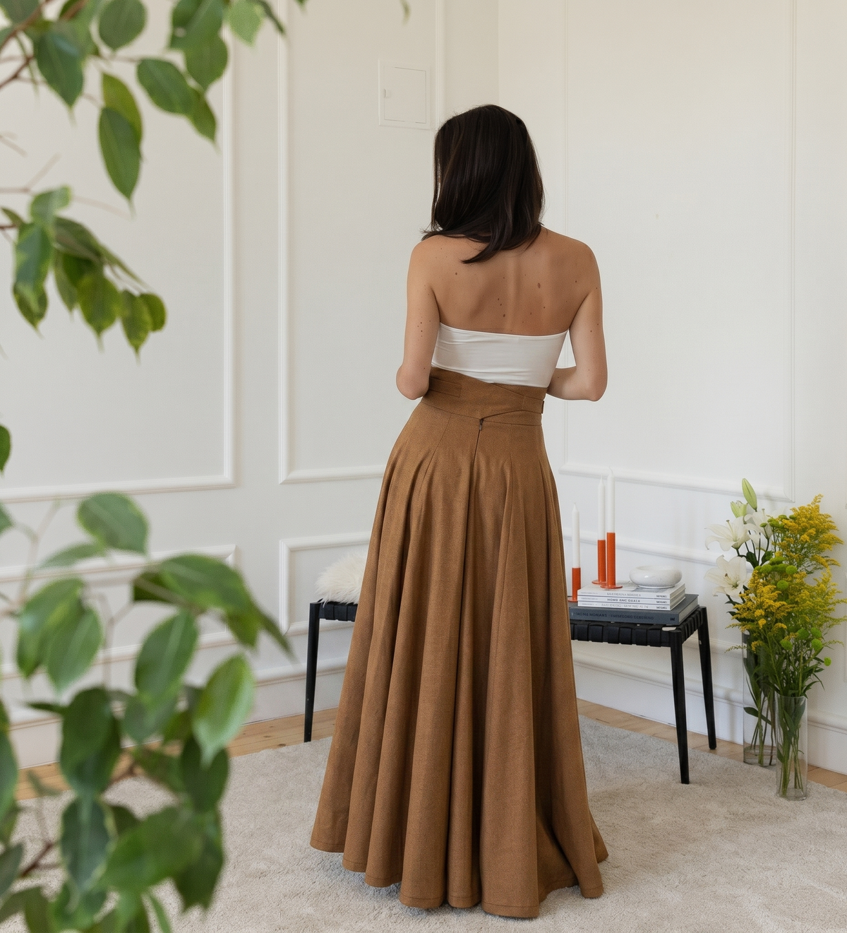 Back view of maxi cotton skirt in light brown