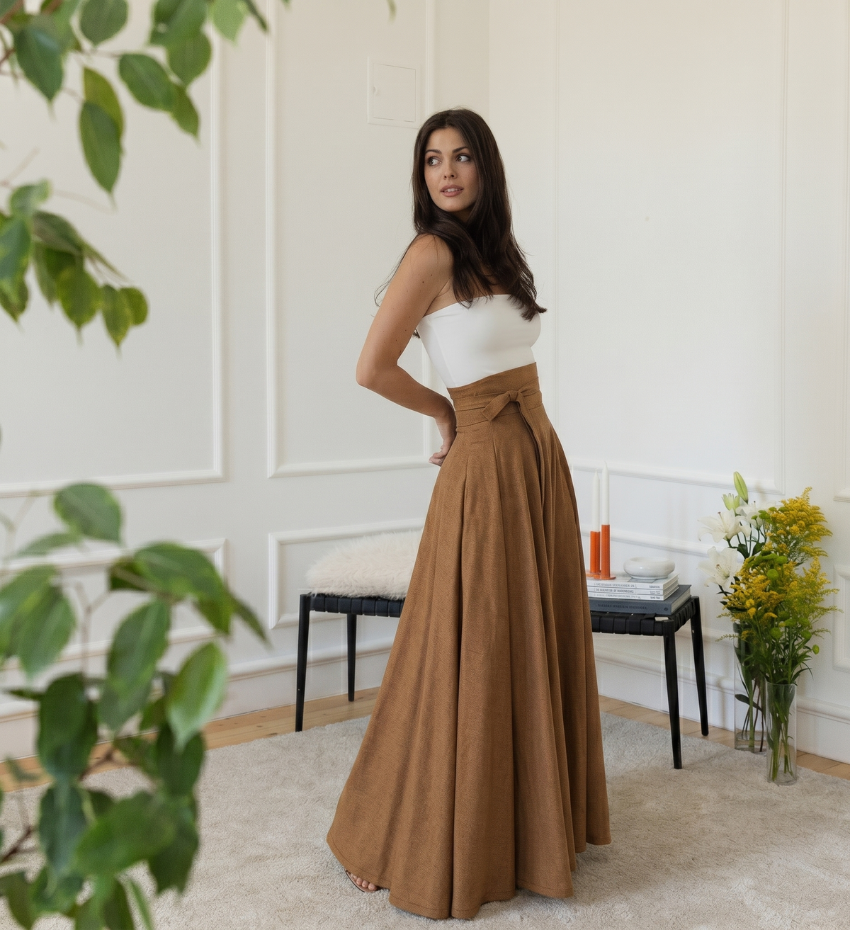 Side view of maxi cotton skirt in light brown