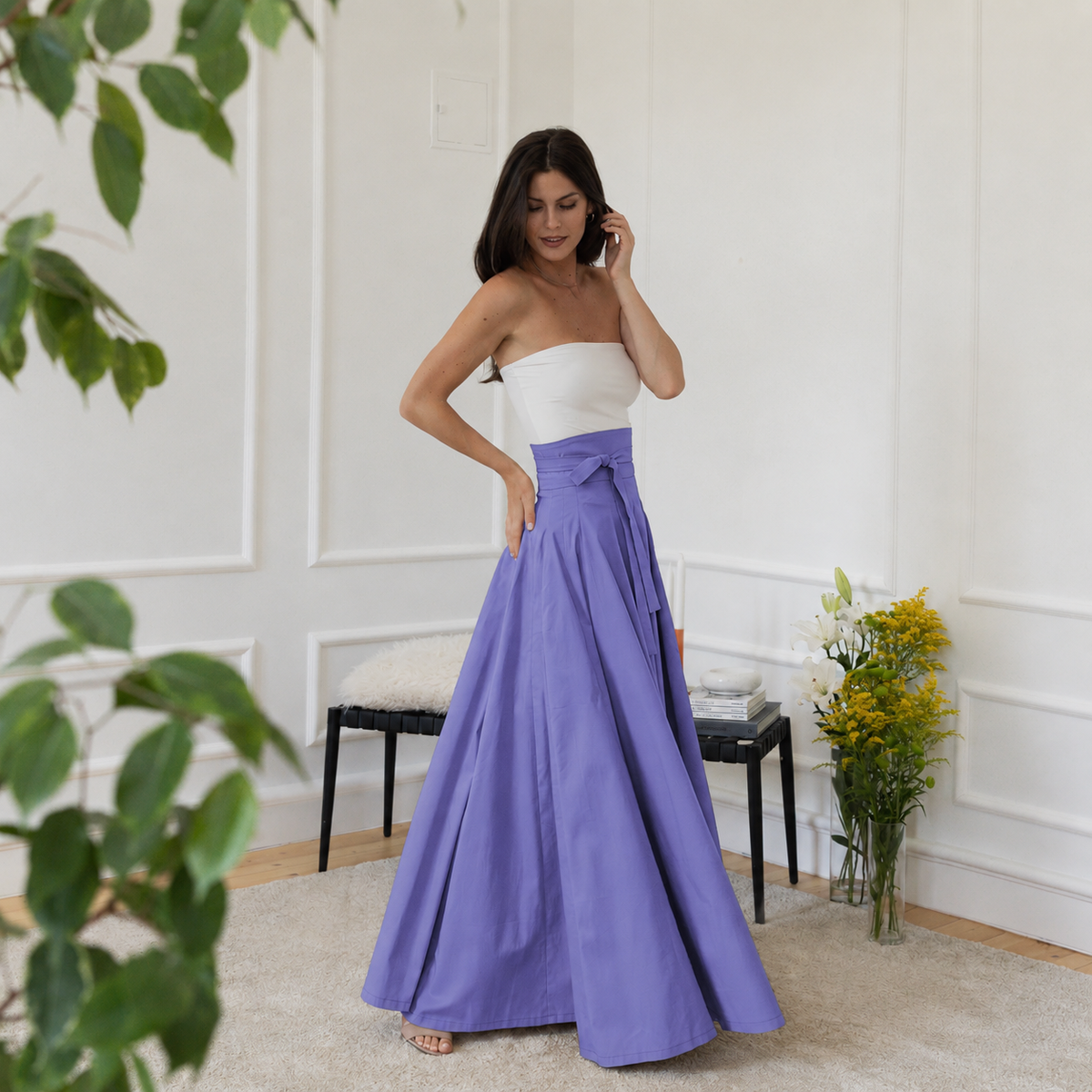 Side view of high-waisted purple cotton skirt