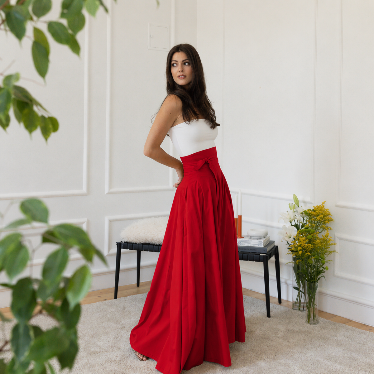 High waist red cotton skirt