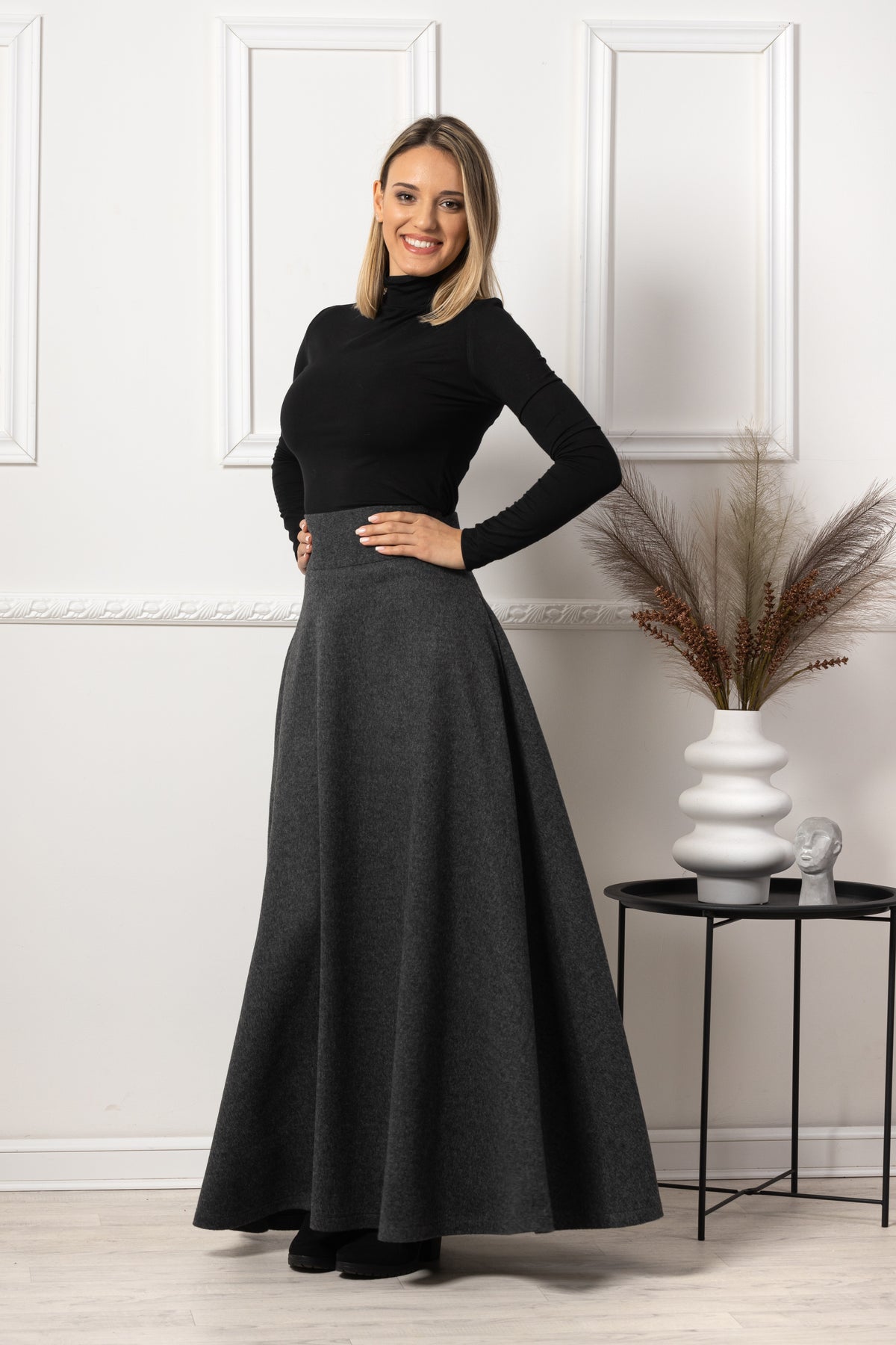 Dark Gray High Waisted Wool Maxi Skirt from NikkaPlace | Effortless fashion for easy living