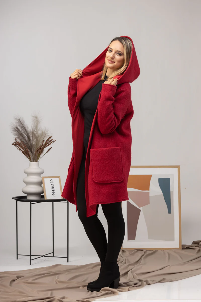 Casual outfit with hooded cardigan open.

