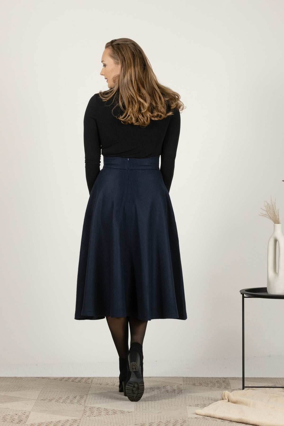 Winter midi high waist skirt in dark blue color