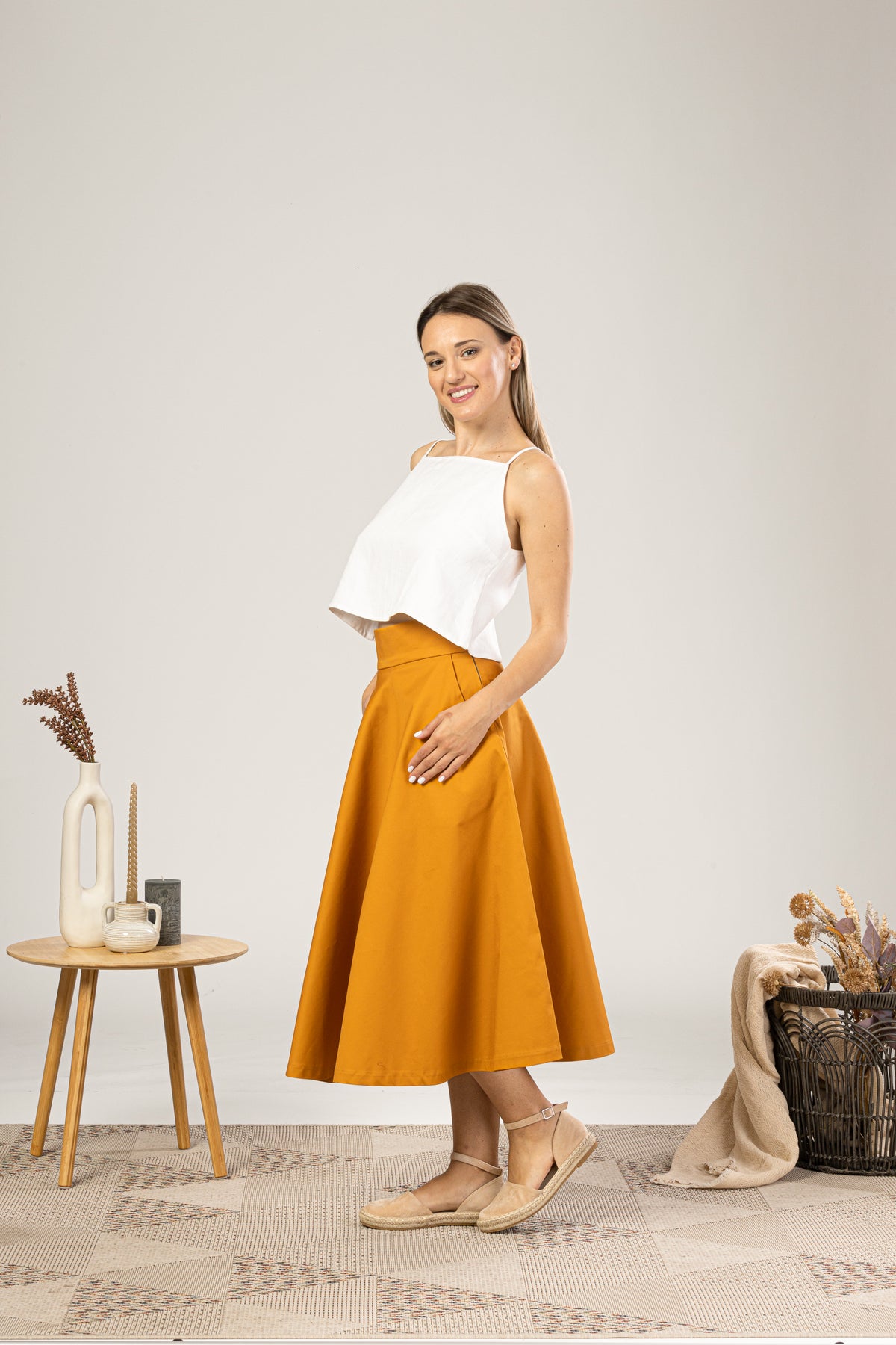 Deep Yellow Midi Flared Circle Skirt for everyday outfit - from NikkaPlace | Effortless fashion for easy living