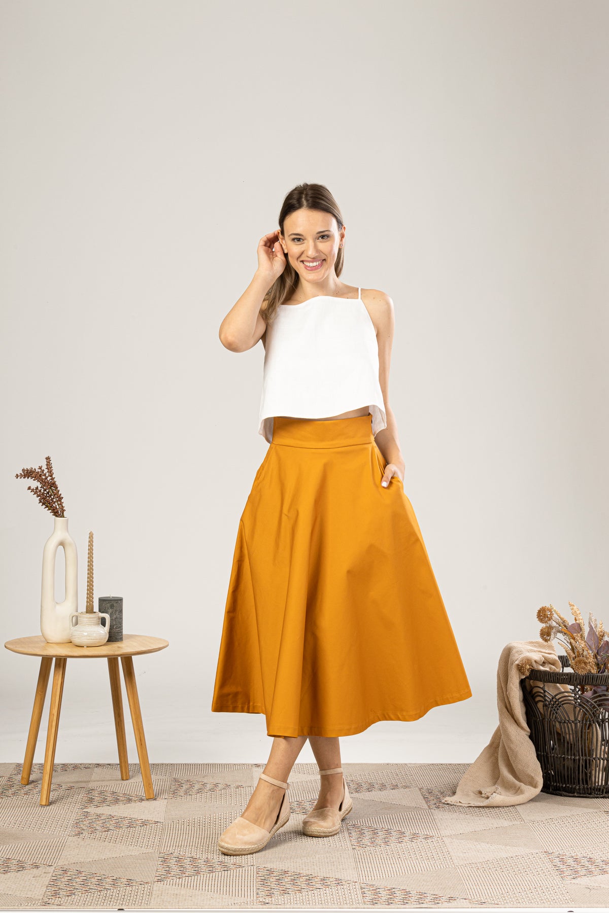 Deep Yellow Midi Flared Circle Skirt for everyday outfit - from NikkaPlace | Effortless fashion for easy living