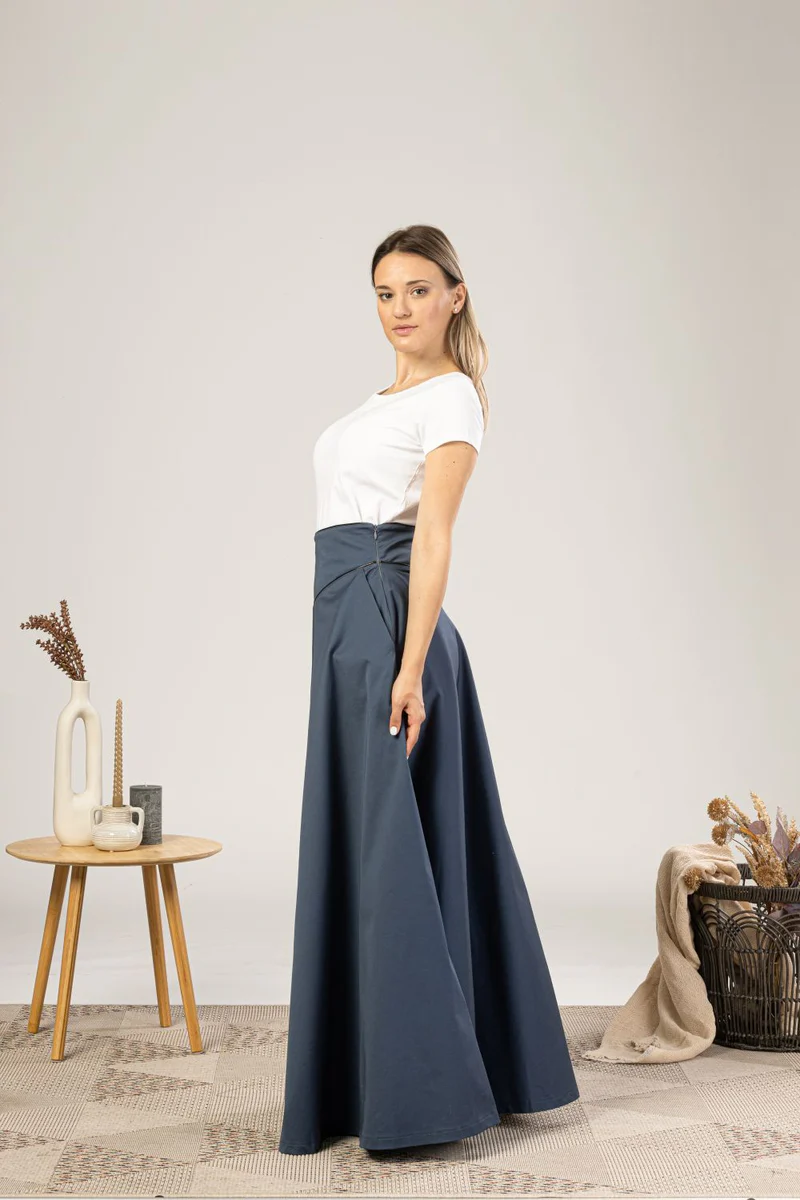 Side view of blue Victorian skirt