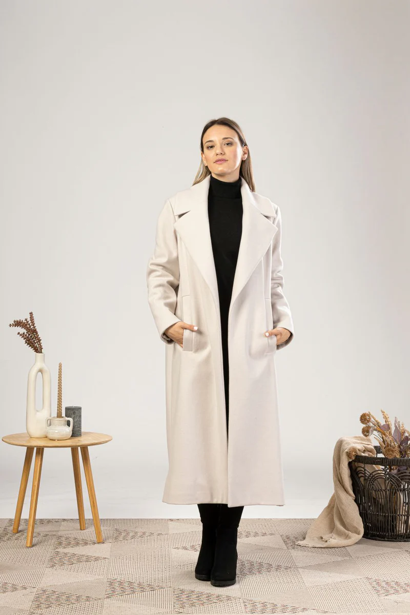 Belted wool coat front view

