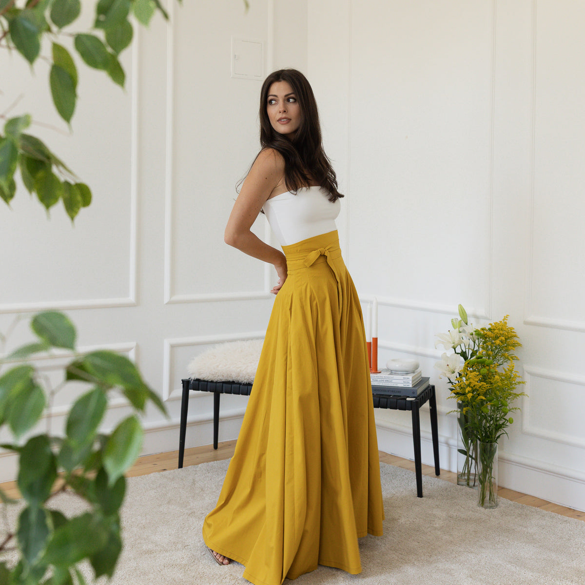 Side view of maxi cotton skirt with bow
