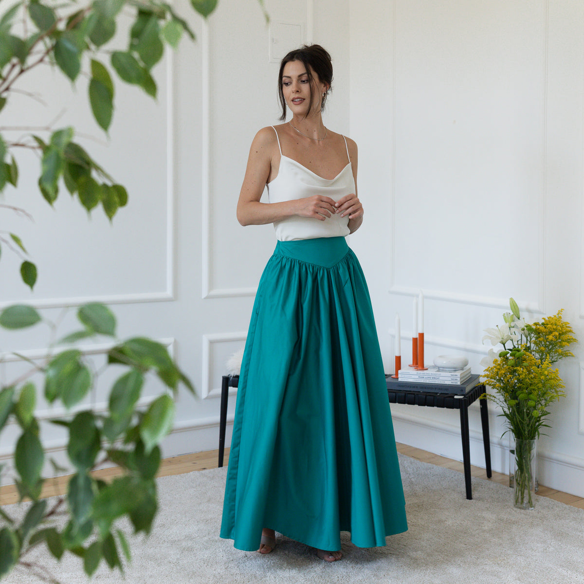 Front view of maxi cotton skirt in teal blue