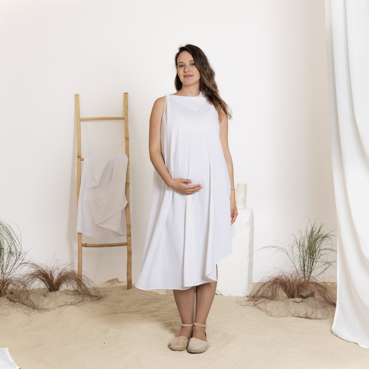 Front view of midi white dress