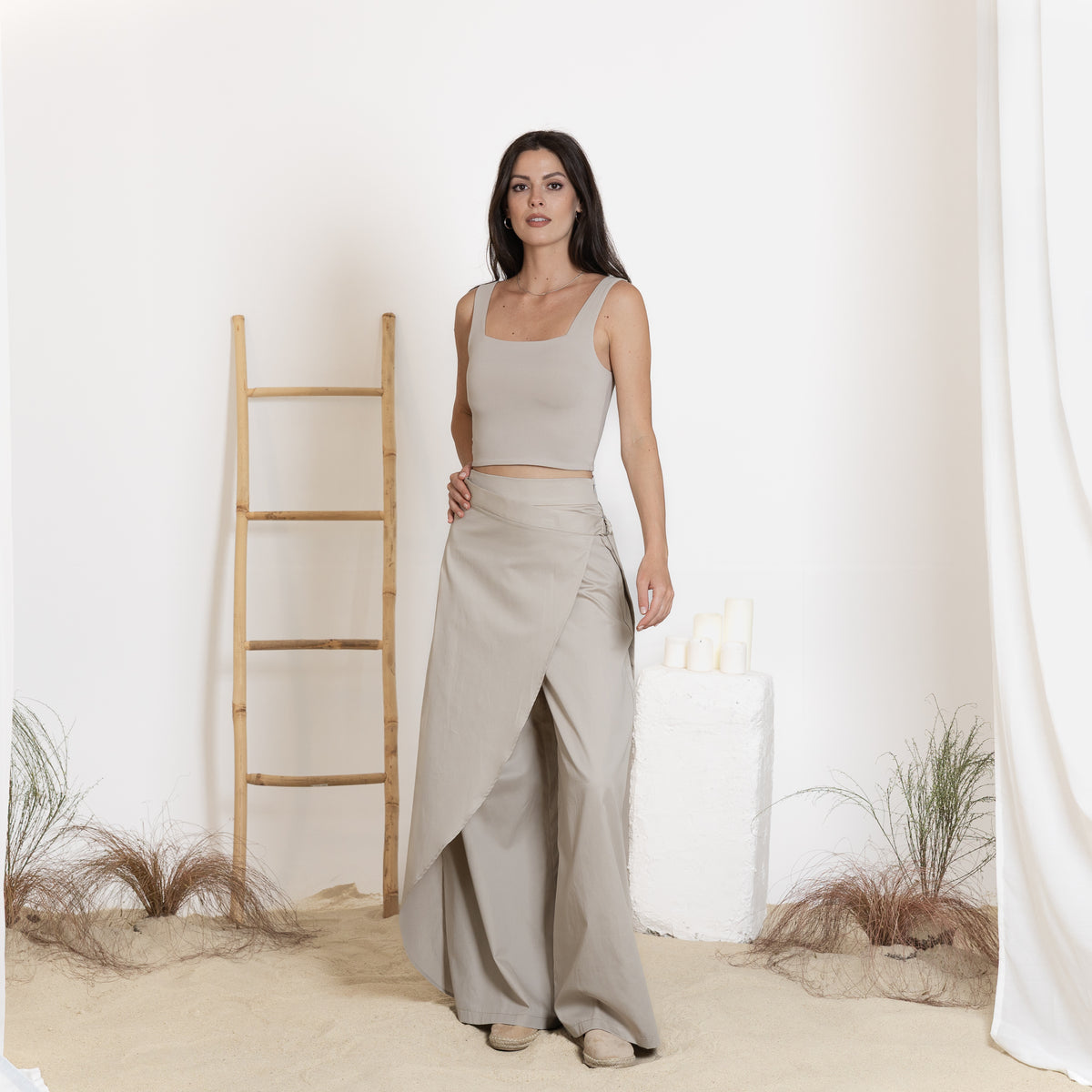Front view of wide-leg cotton pants