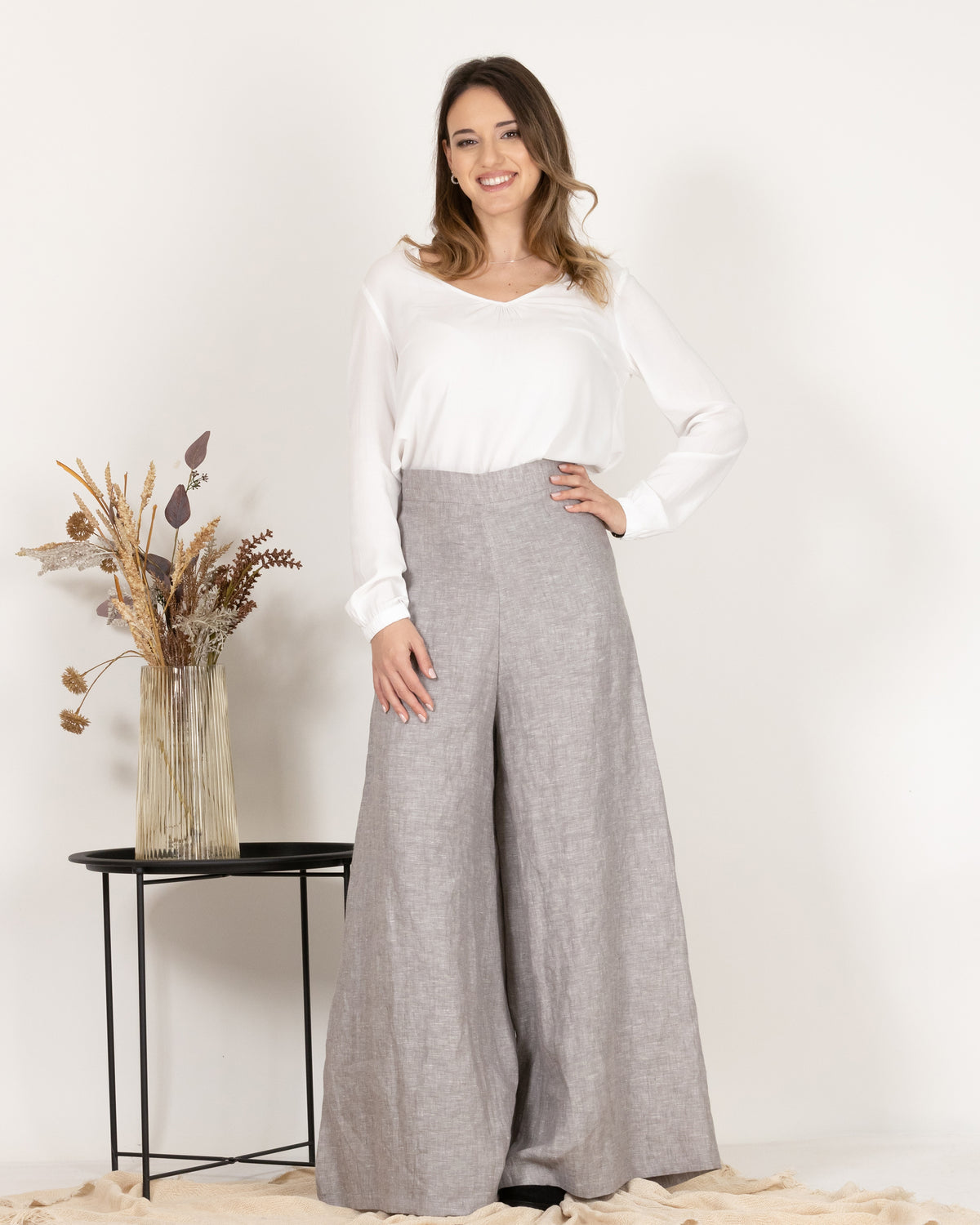 Leinenrockhose mit weitem Bein und hoher Taille