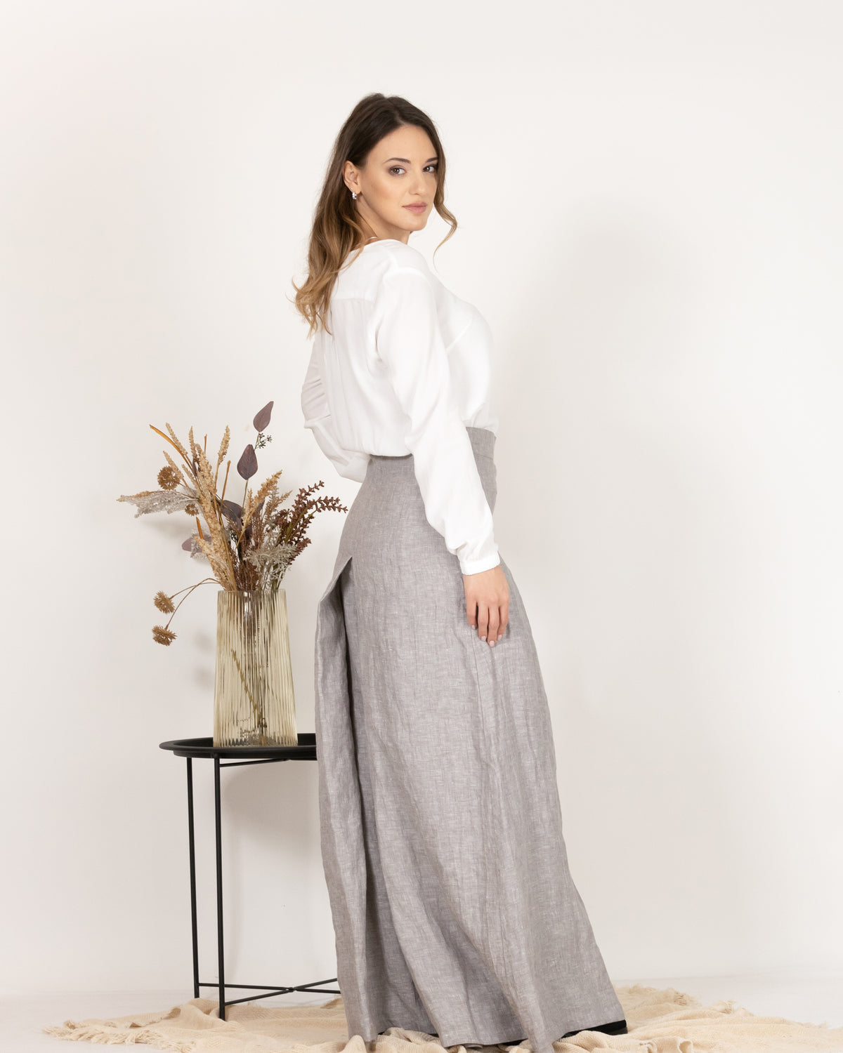 Leinenrockhose mit weitem Bein und hoher Taille