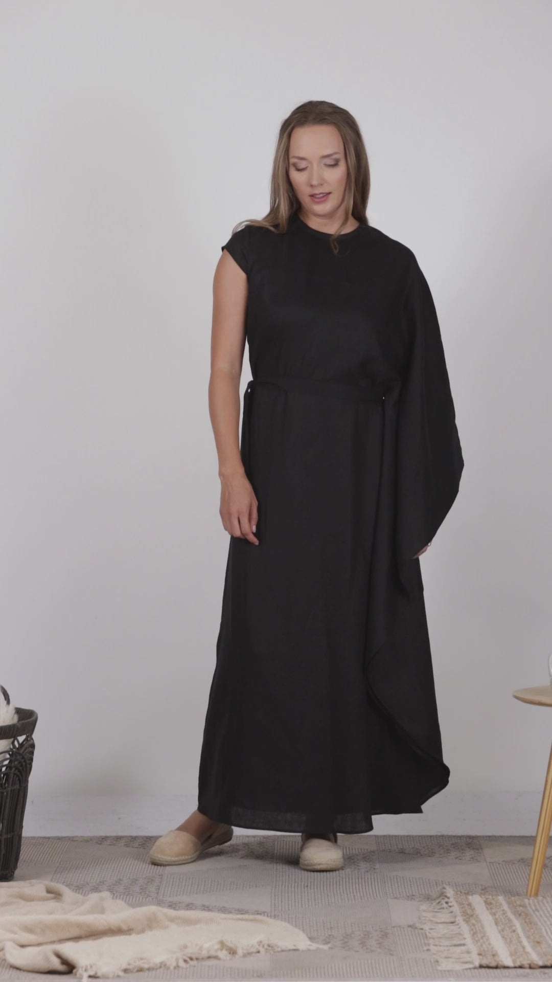 Full view of Extravagant Linen Dress with Batwing sleeves