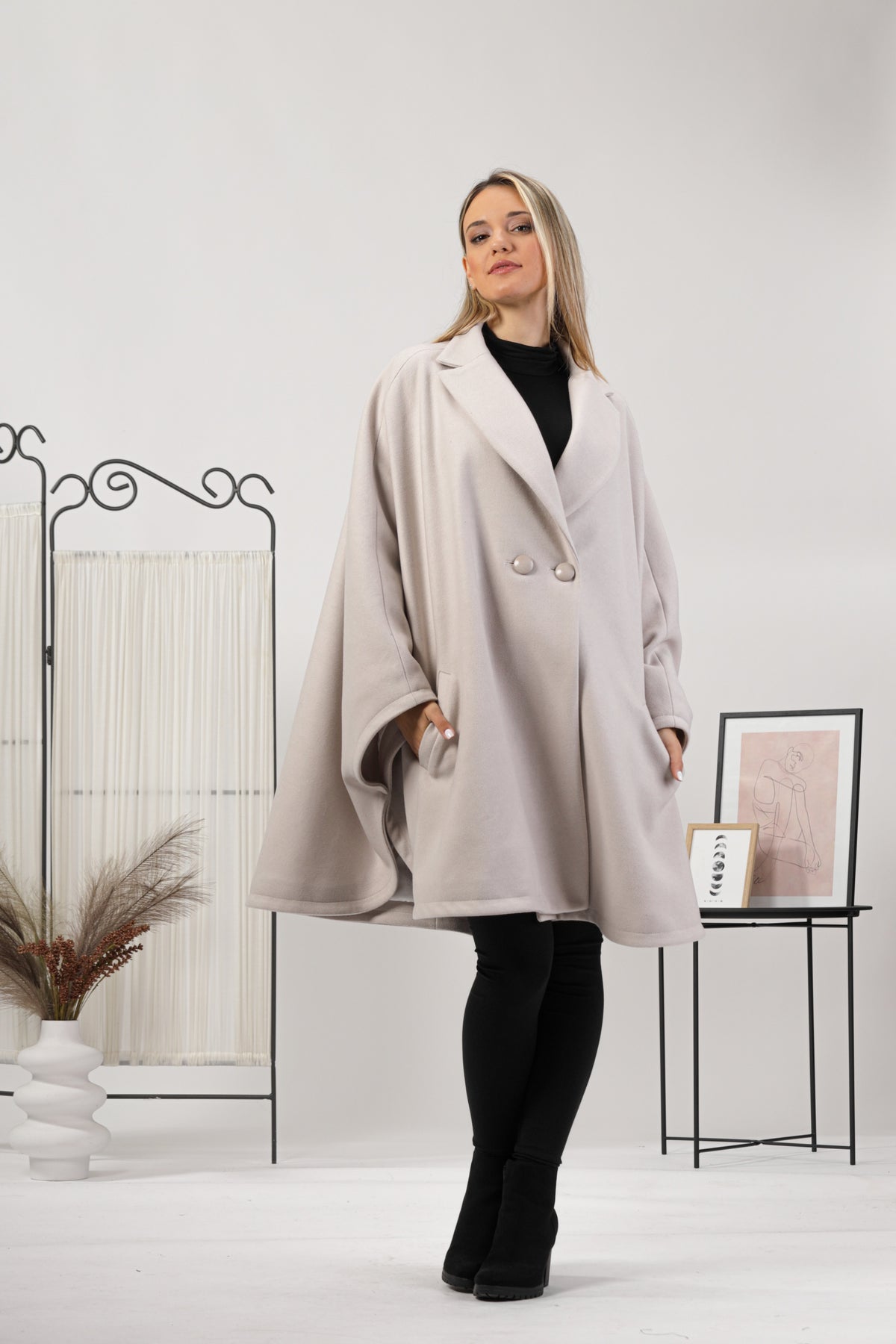 Off-white oversized cape coat with lapel collar"